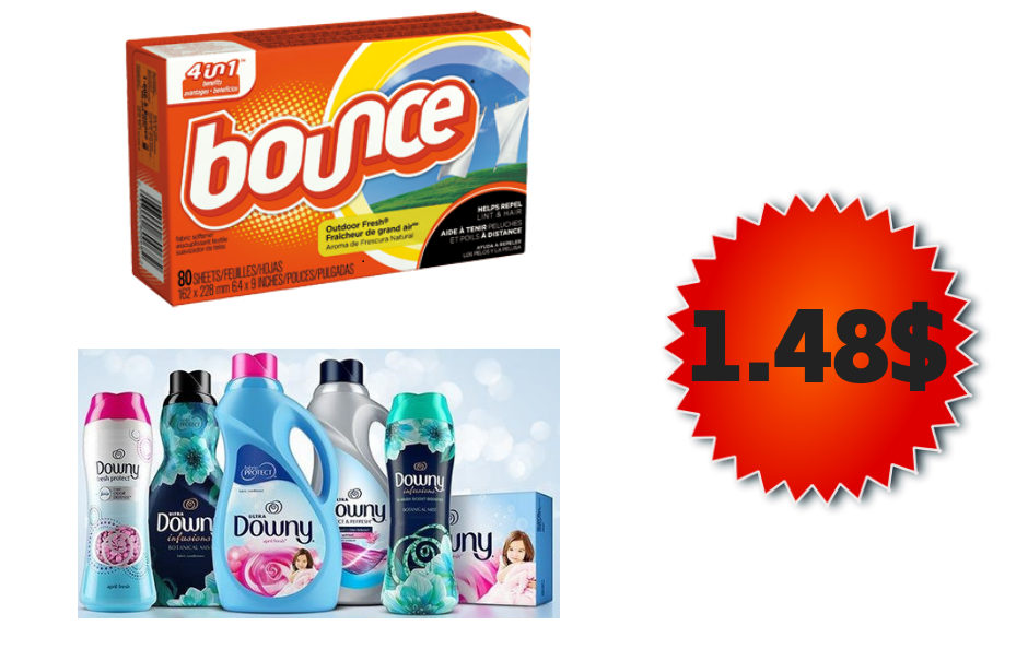 Des produits Downy et Bounce à seulement 1.48$ après rabais et coupon!