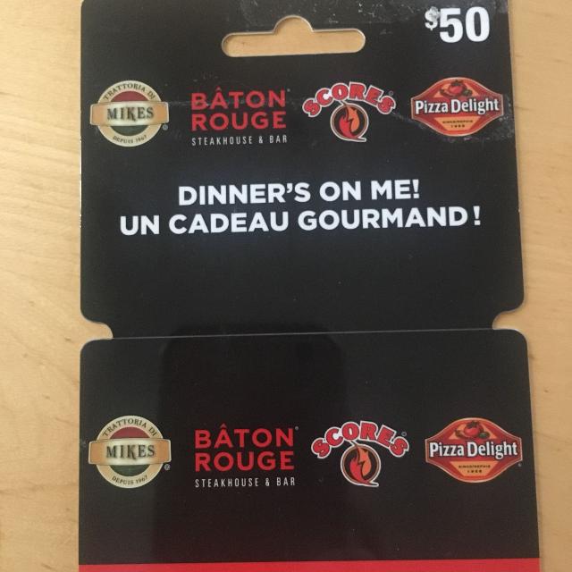 Une carte cadeau de 50$ pour souper chez Bâton Rouge, Mikes, Scores .. !